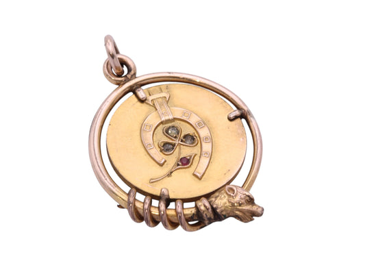 Antique 9ct Gold Filled Lucky Horseshoe Pendant | Paste Stones Shamrock