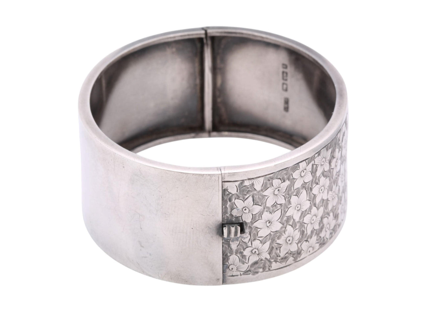 Antique Sterling Silver Chased Floral Bangle | Wide Silver Cuff | Victorian 1883