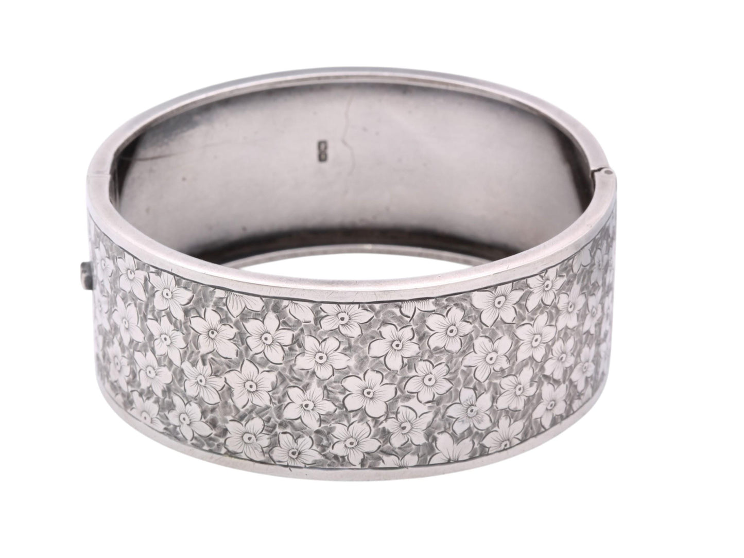 Antique Sterling Silver Chased Floral Bangle | Wide Silver Cuff | Victorian 1883