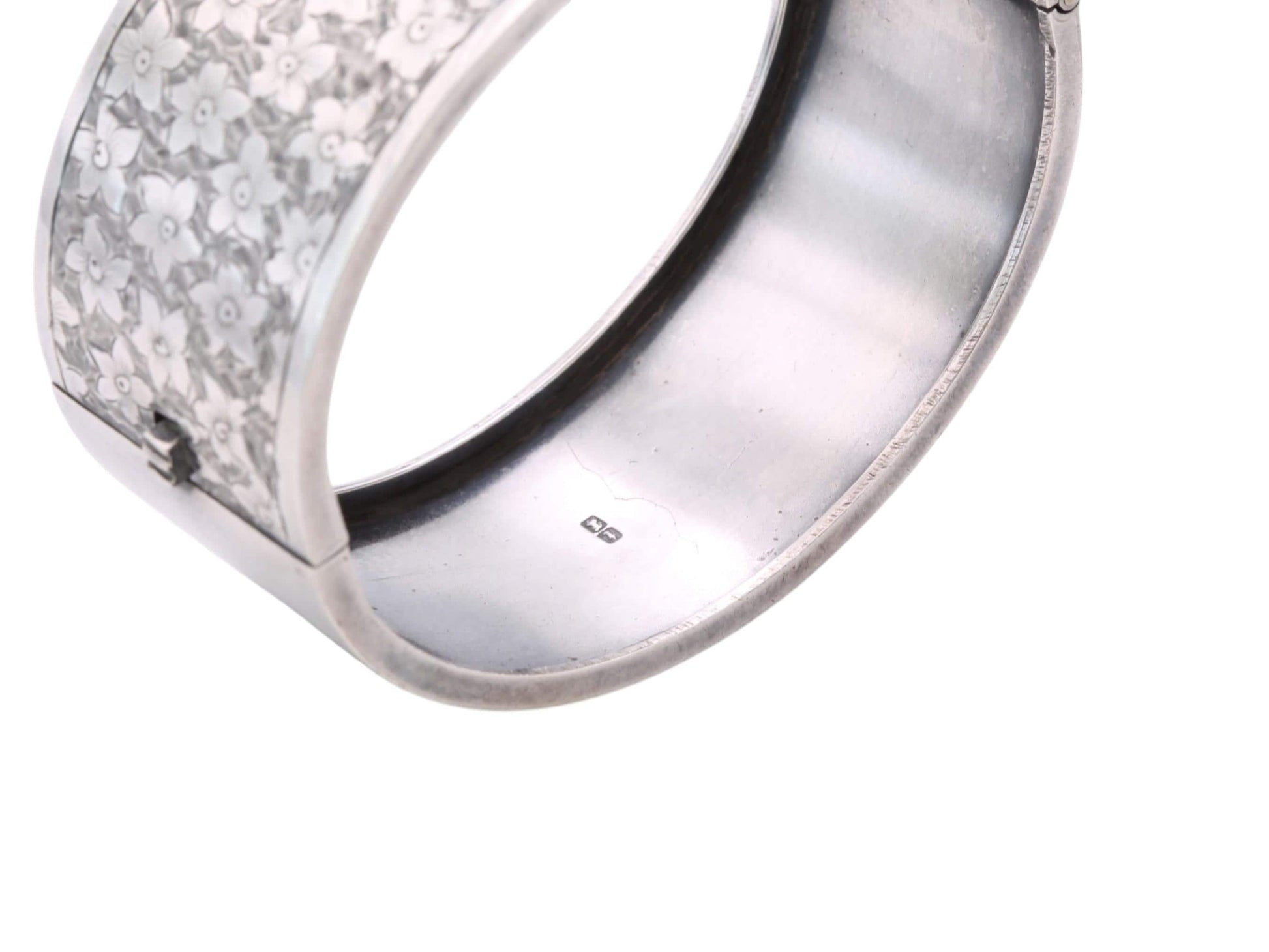 Antique-Sterling-Silver-Chased-Floral-Bangle-|-Wide-Silver-Cuff-|-Victorian-1883