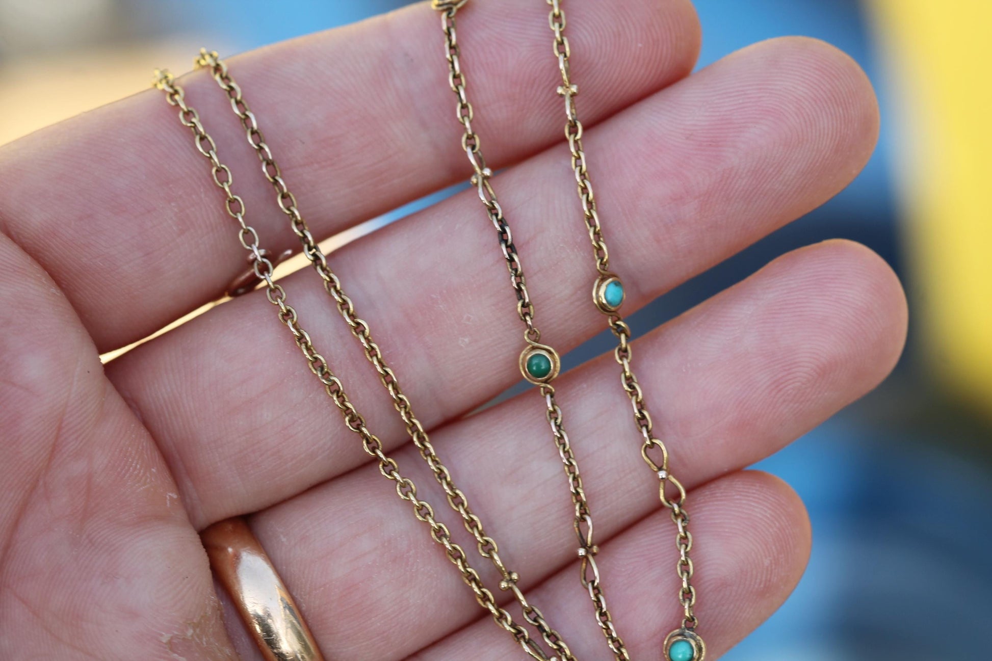 Antique-18ct-Gold-Turquoise-Infinity-Link-Necklace-|-Safety-Hook-&-Chain-|-Victorian-c.1890