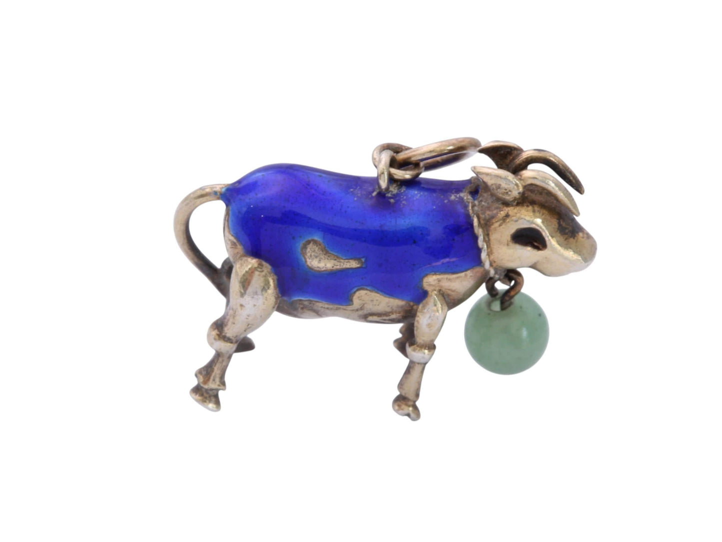 Vintage Sterling Silver Enamel Cow Charm | Mid Century Farm Animal Pendant | Blue Enamel & Jade Charm