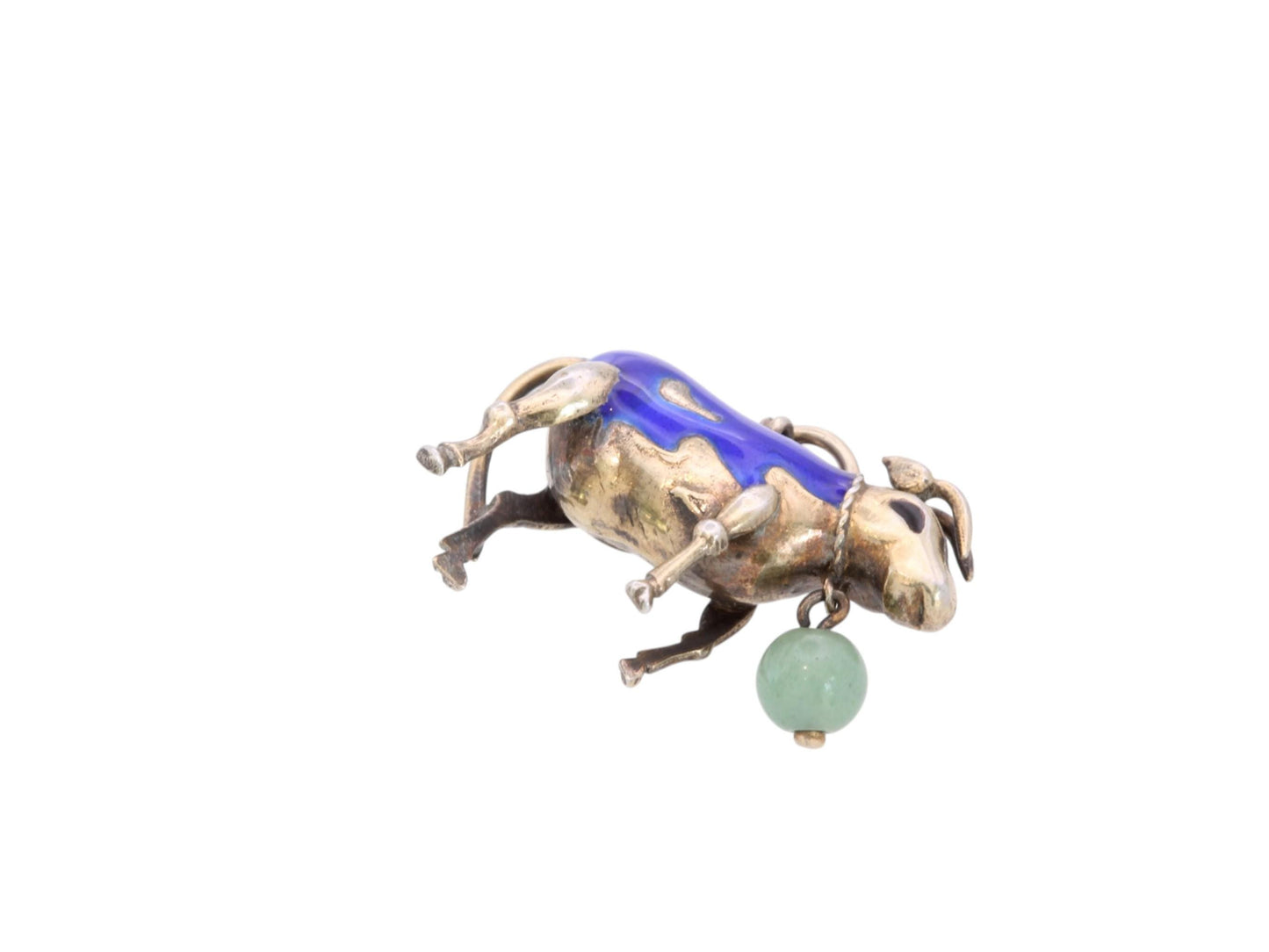 Vintage Sterling Silver Enamel Cow Charm | Mid Century Farm Animal Pendant | Blue Enamel & Jade Charm