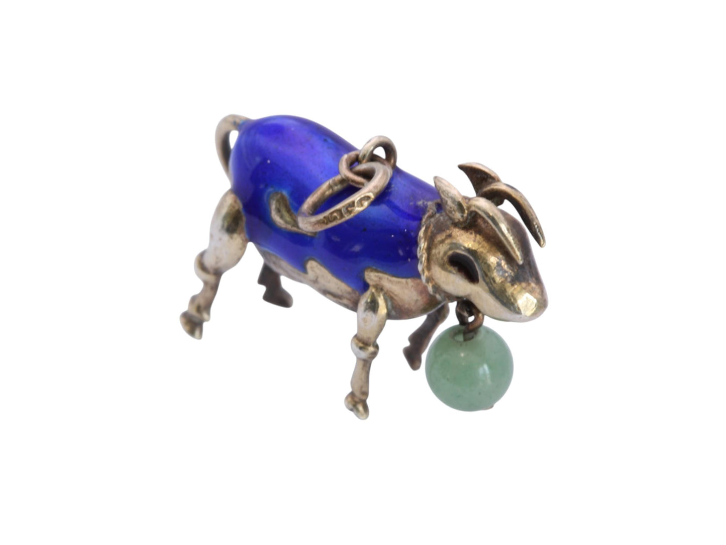 Vintage Sterling Silver Enamel Cow Charm | Mid Century Farm Animal Pendant | Blue Enamel & Jade Charm