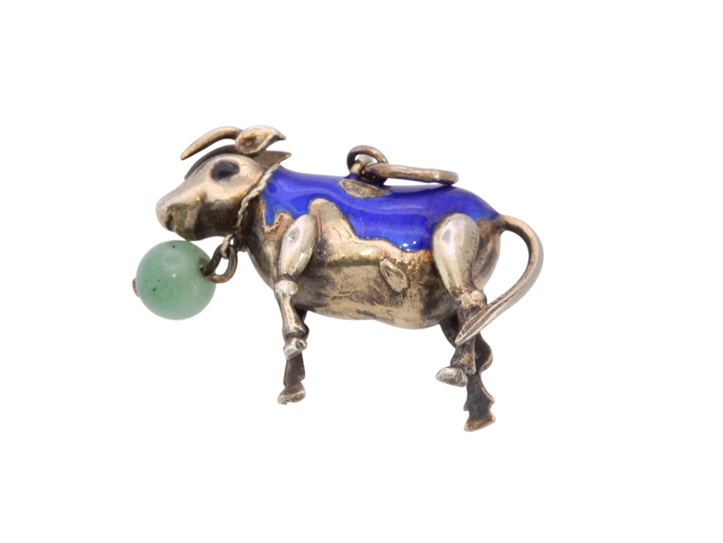 Vintage Sterling Silver Enamel Cow Charm | Mid Century Farm Animal Pendant | Blue Enamel & Jade Charm