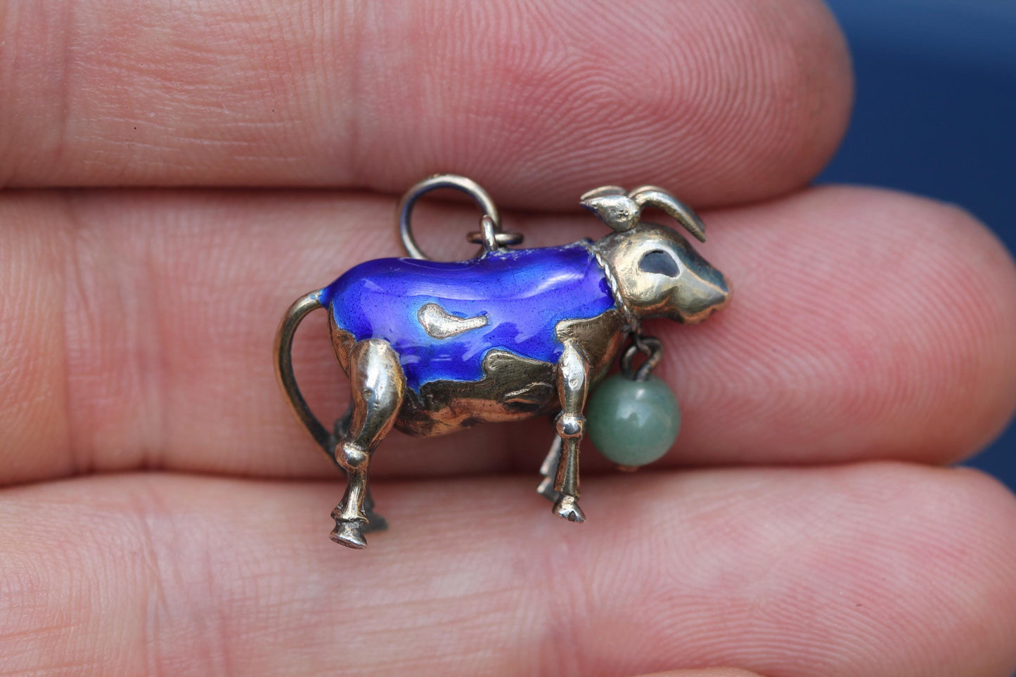 Vintage Sterling Silver Enamel Cow Charm | Mid Century Farm Animal Pendant | Blue Enamel & Jade Charm