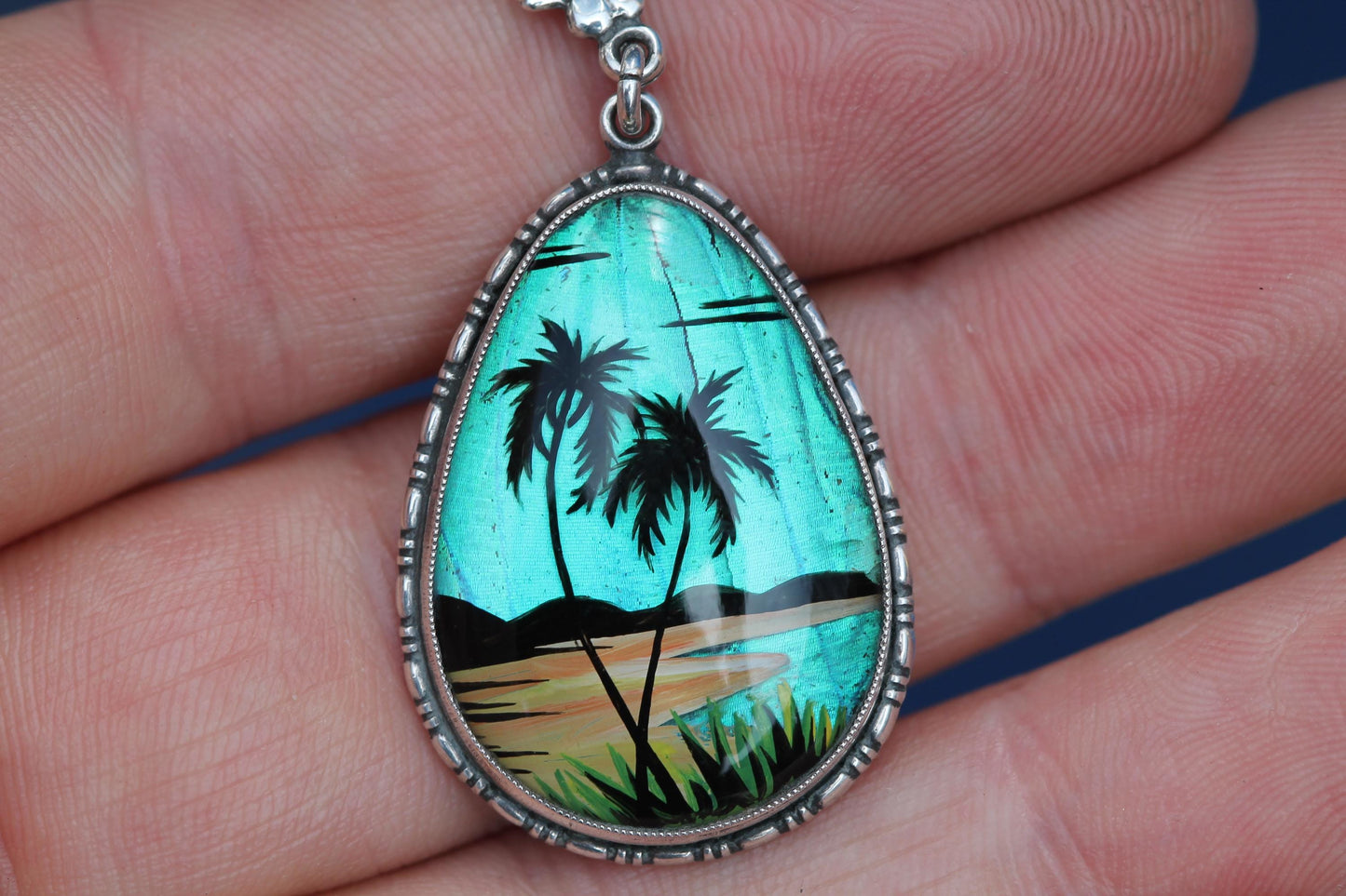 Art Deco Thomas L Mott Butterfly Wing Pendant | Sterling Silver Tropical Scene Pendant