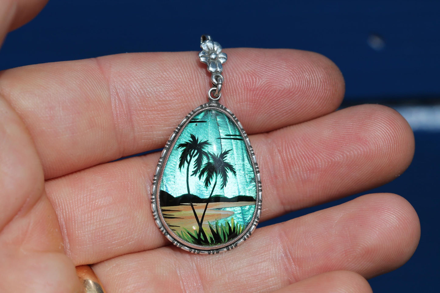 Art Deco Thomas L Mott Butterfly Wing Pendant | Sterling Silver Tropical Scene Pendant