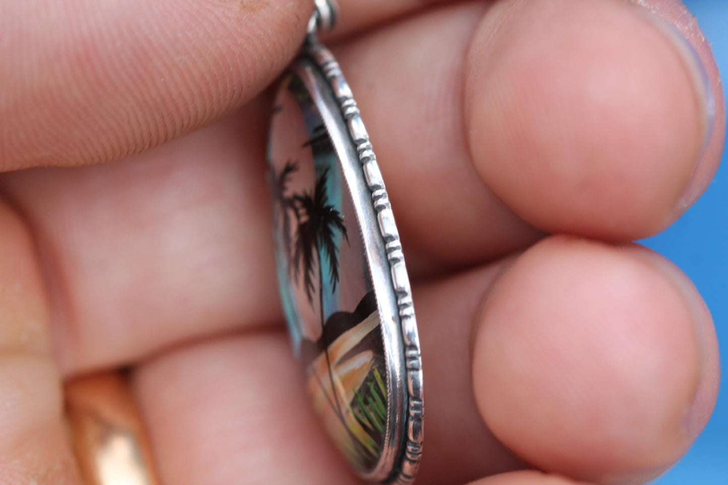 Art Deco Thomas L Mott Butterfly Wing Pendant | Sterling Silver Tropical Scene Pendant