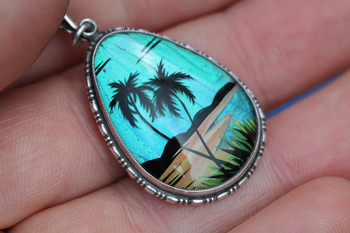 Art Deco Thomas L Mott Butterfly Wing Pendant | Sterling Silver Tropical Scene Pendant