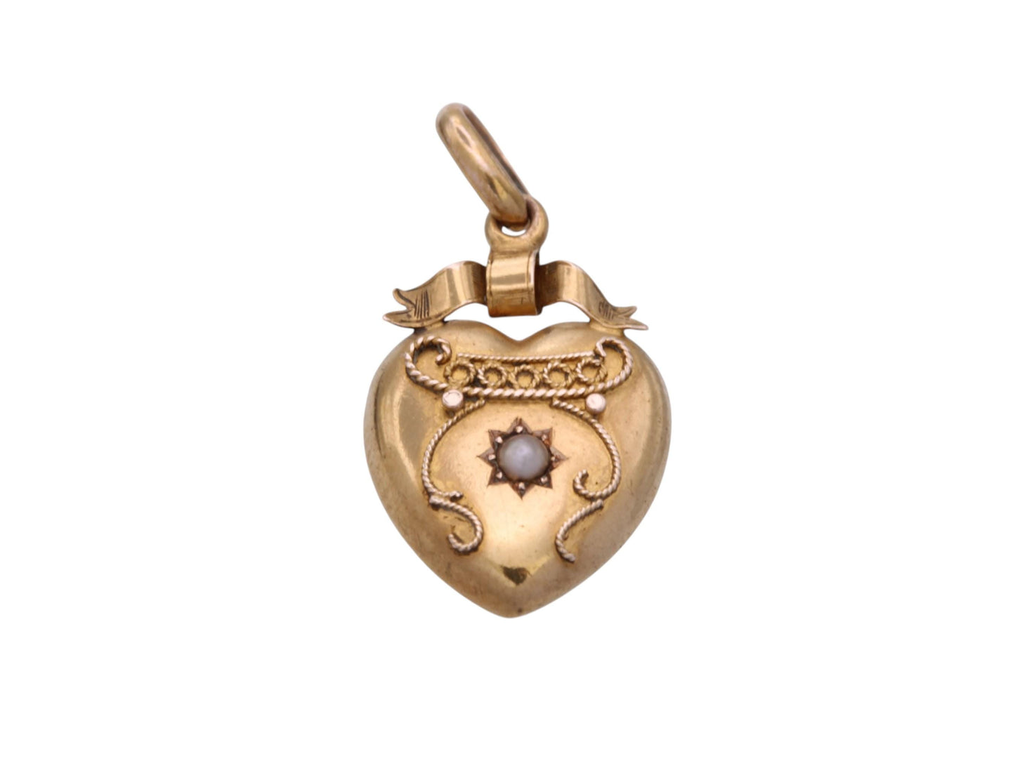 Antique 15ct Gold Heart Pendant | Seed Pearl | Bow Ribbon Motif | Edwardian