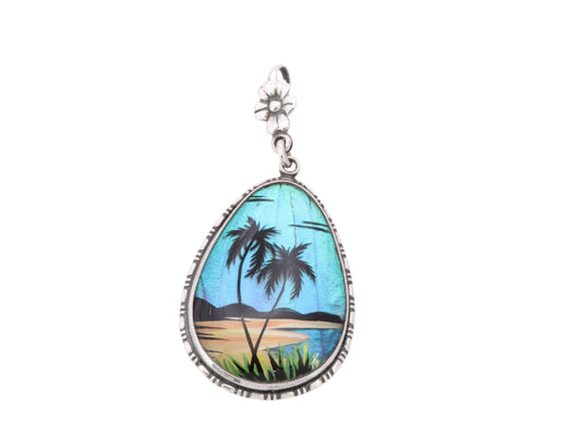 Art Deco Thomas L Mott Butterfly Wing Pendant | Sterling Silver Tropical Scene Pendant