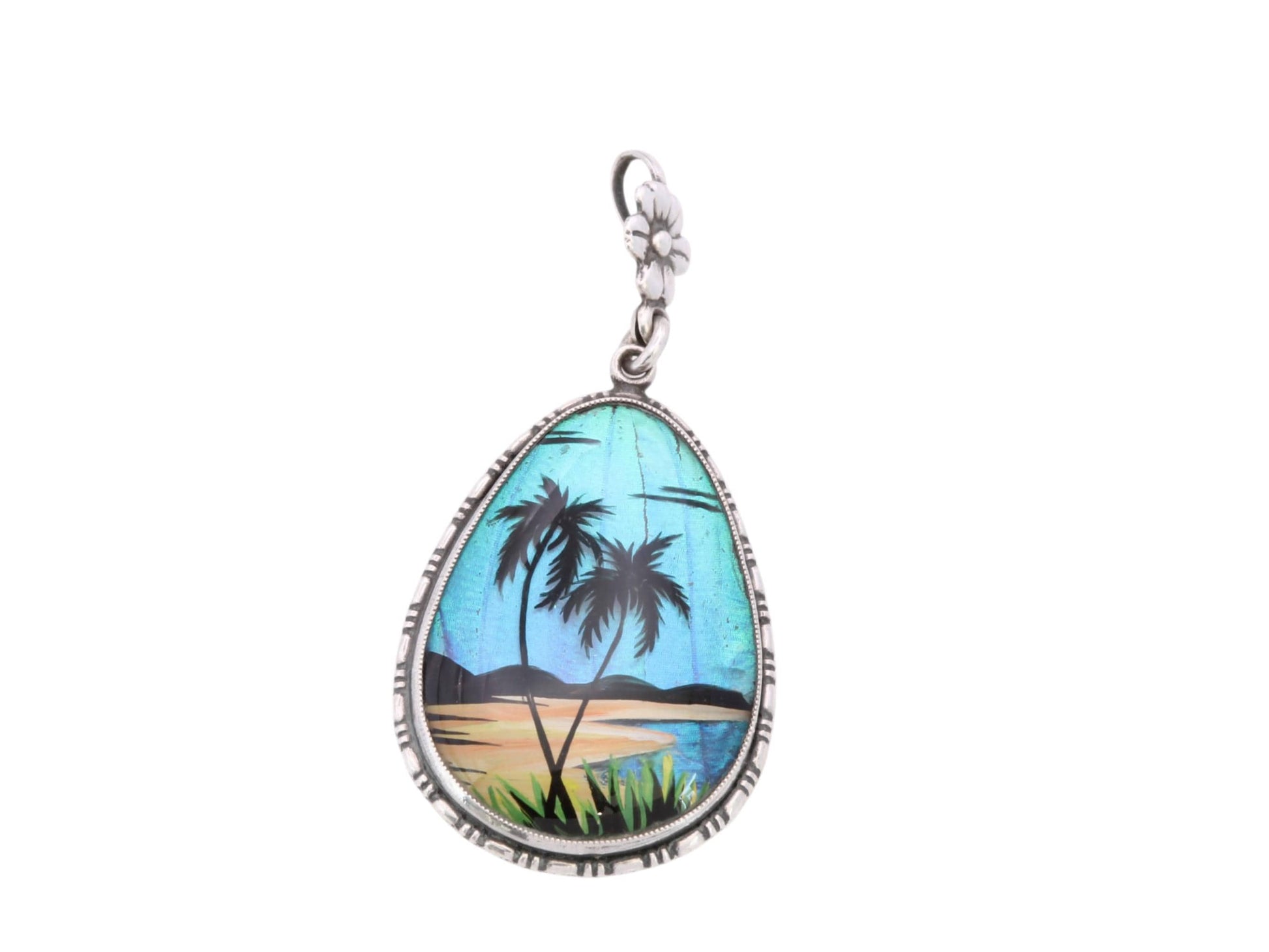 Art-Deco-Thomas-L-Mott-Butterfly-Wing-Pendant-|-Sterling-Silver-Tropical-Scene-Pendant