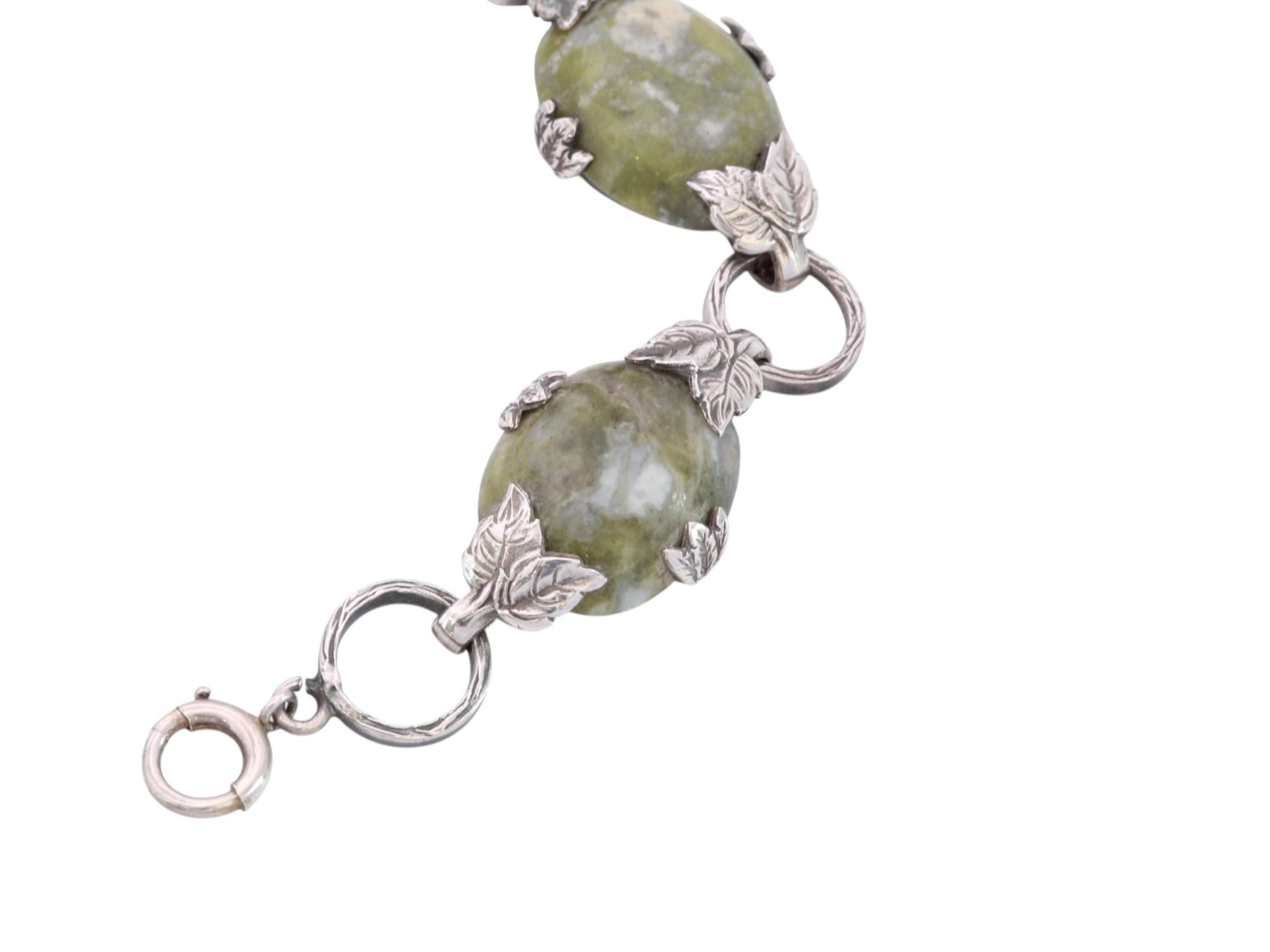 Antique-Sterling-Silver-Connemara-Marble-Bracelet-|-Irish-Leaf-Link-Bracelet-|-c.1950