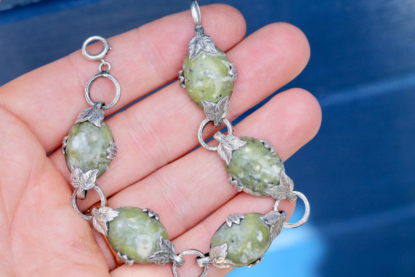 Antique Sterling Silver Connemara Marble Bracelet | Irish Leaf Link Bracelet | c.1950