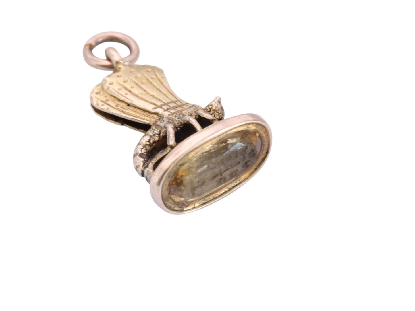 Antique Victorian 15ct Gold Pendant Citrine Intaglio | Moth & "DELUSION"