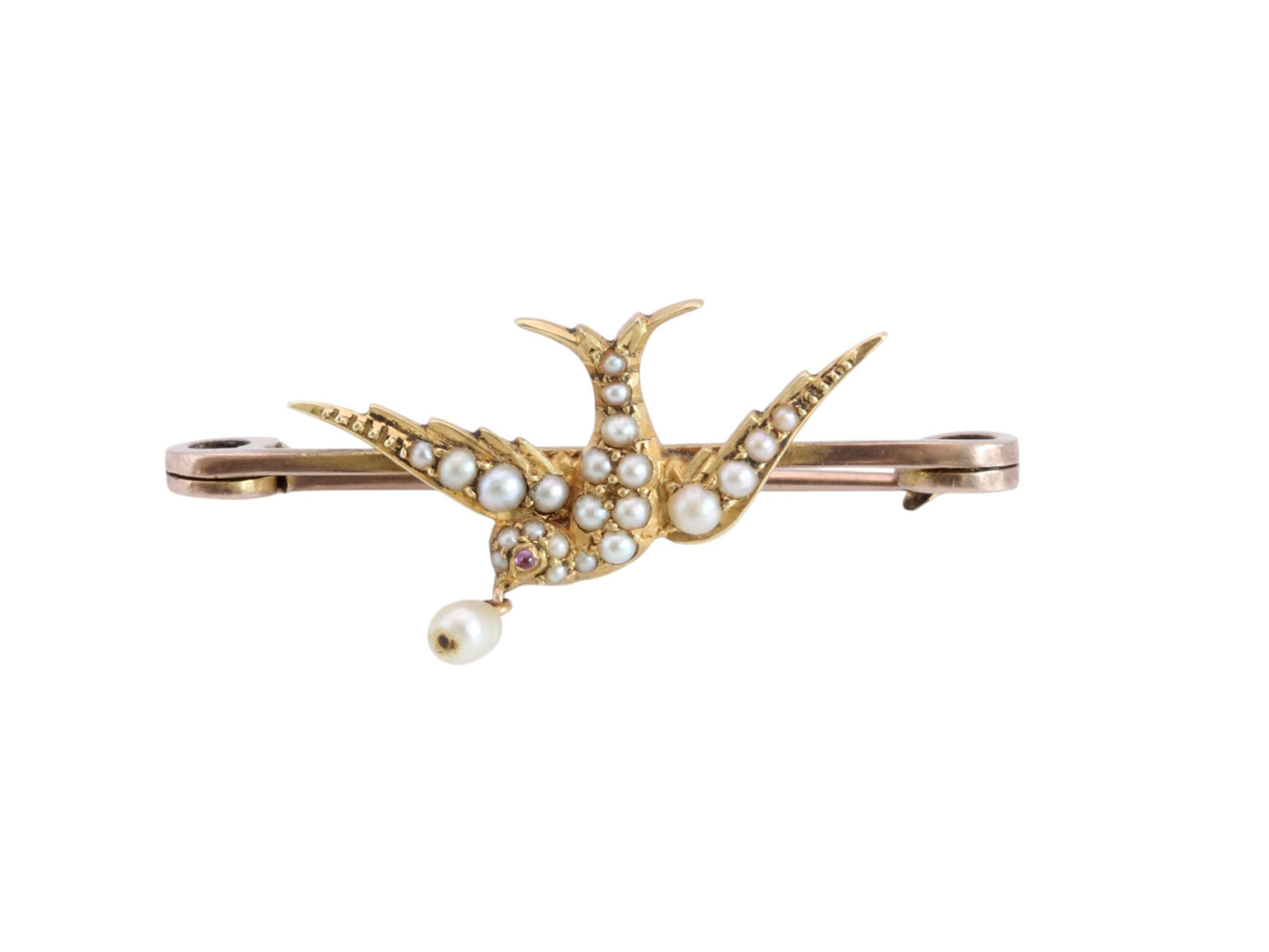 Antique 15ct Gold Swallow Brooch | Seed Pearls & Ruby | Edwardian