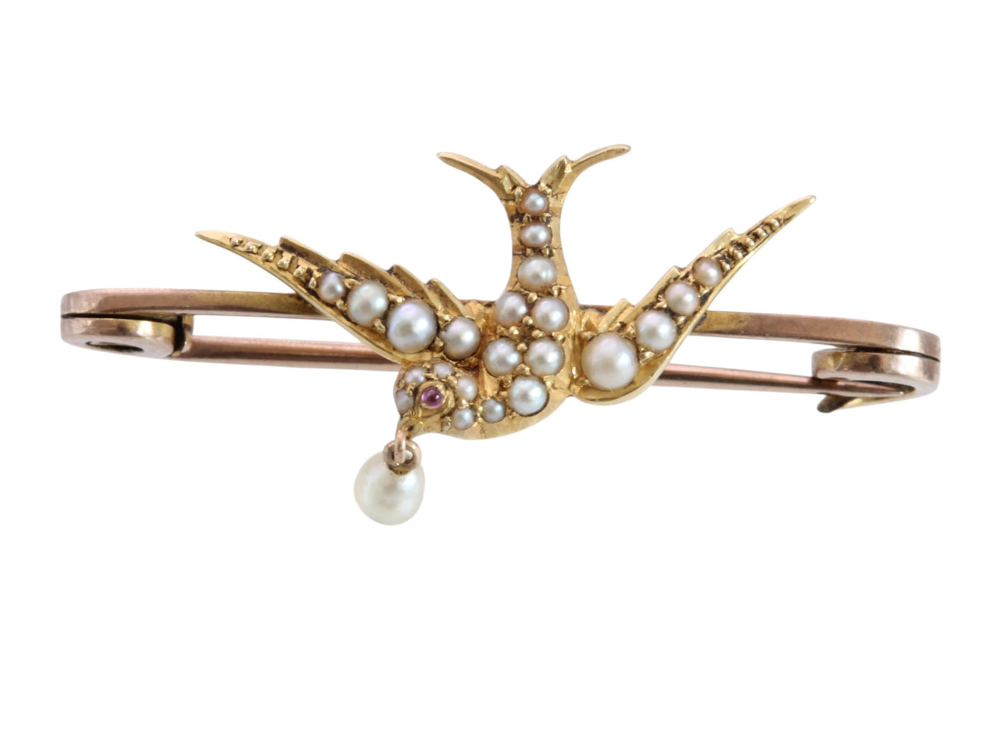Antique 15ct Gold Swallow Brooch | Seed Pearls & Ruby | Edwardian
