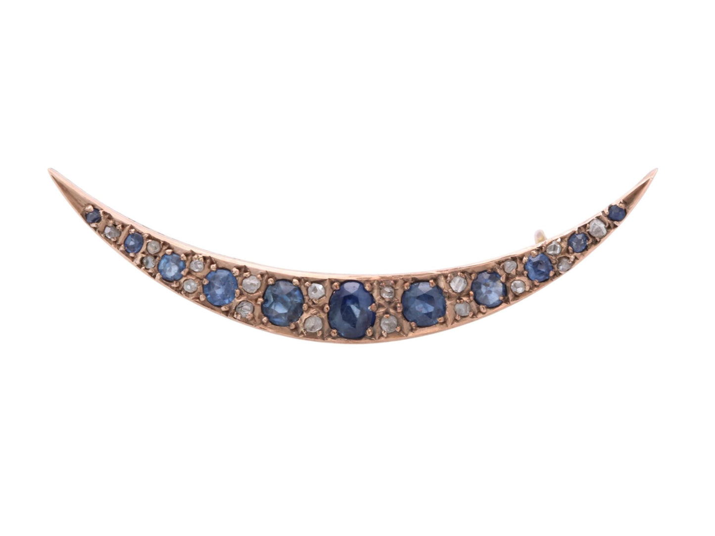 Edwardian 15ct Gold Crescent Brooch | Old Cut Sapphires & Diamonds | 1.02cts