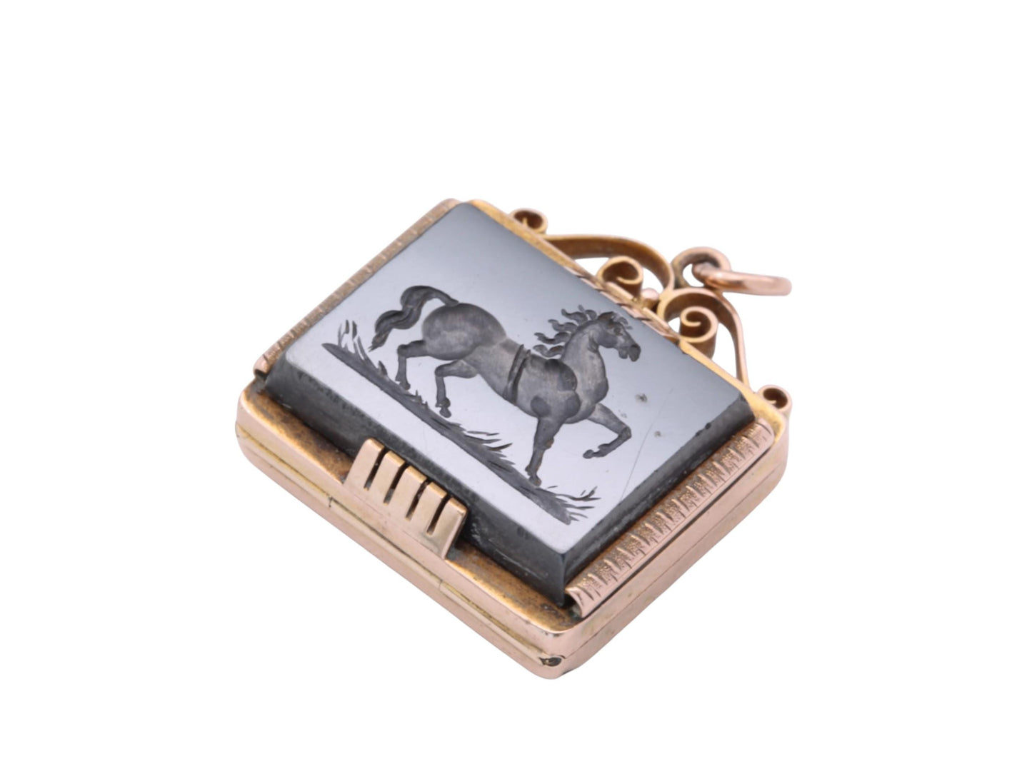 Victorian 12ct Gold Pendant | Carved Hematite Horse | Onyx Reverse | Opens as Locket | c.1860
