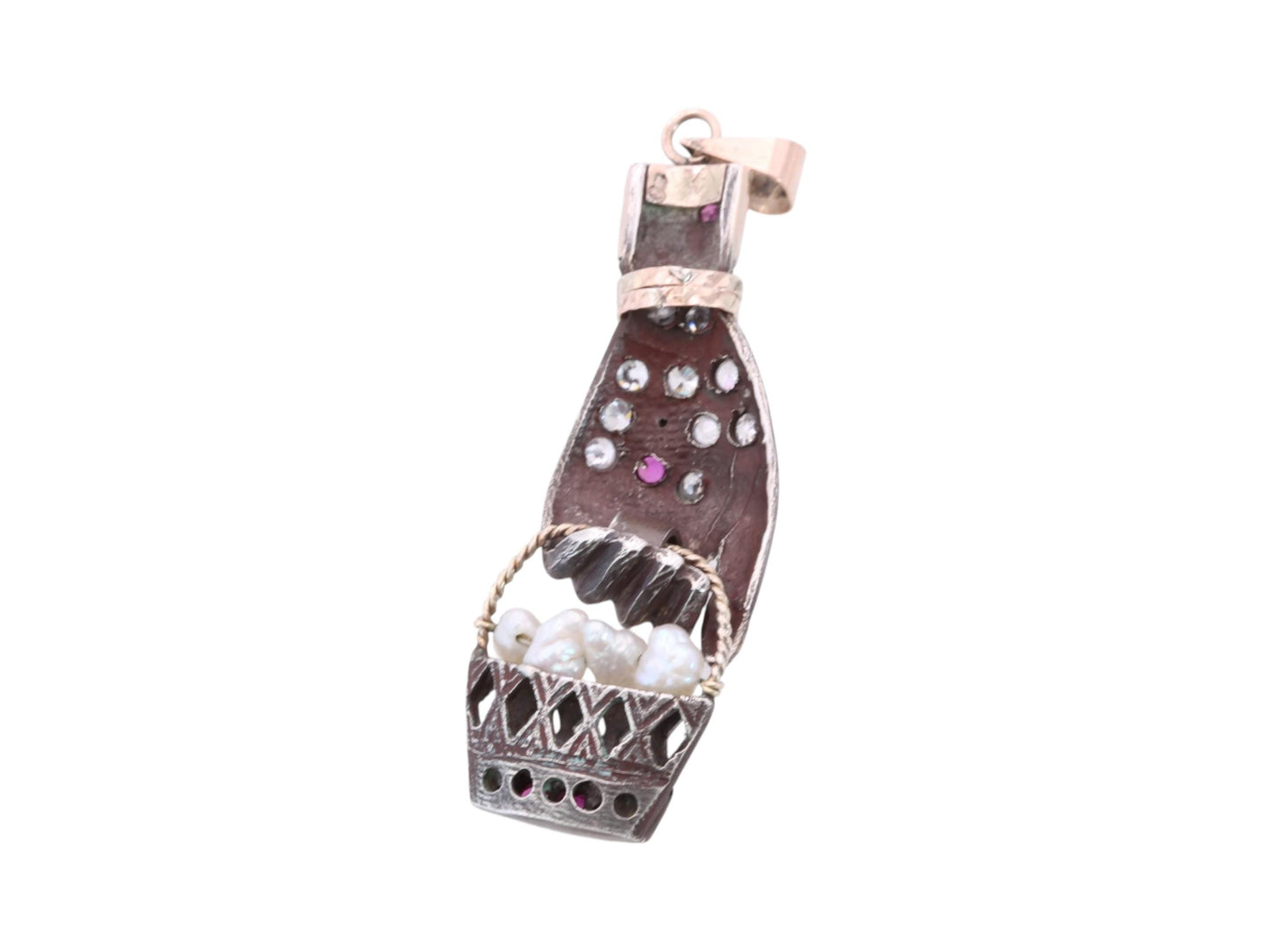 Antique Art Deco 800 Silver & 9ct Gold Pendant | Hand Holding Pearl Basket