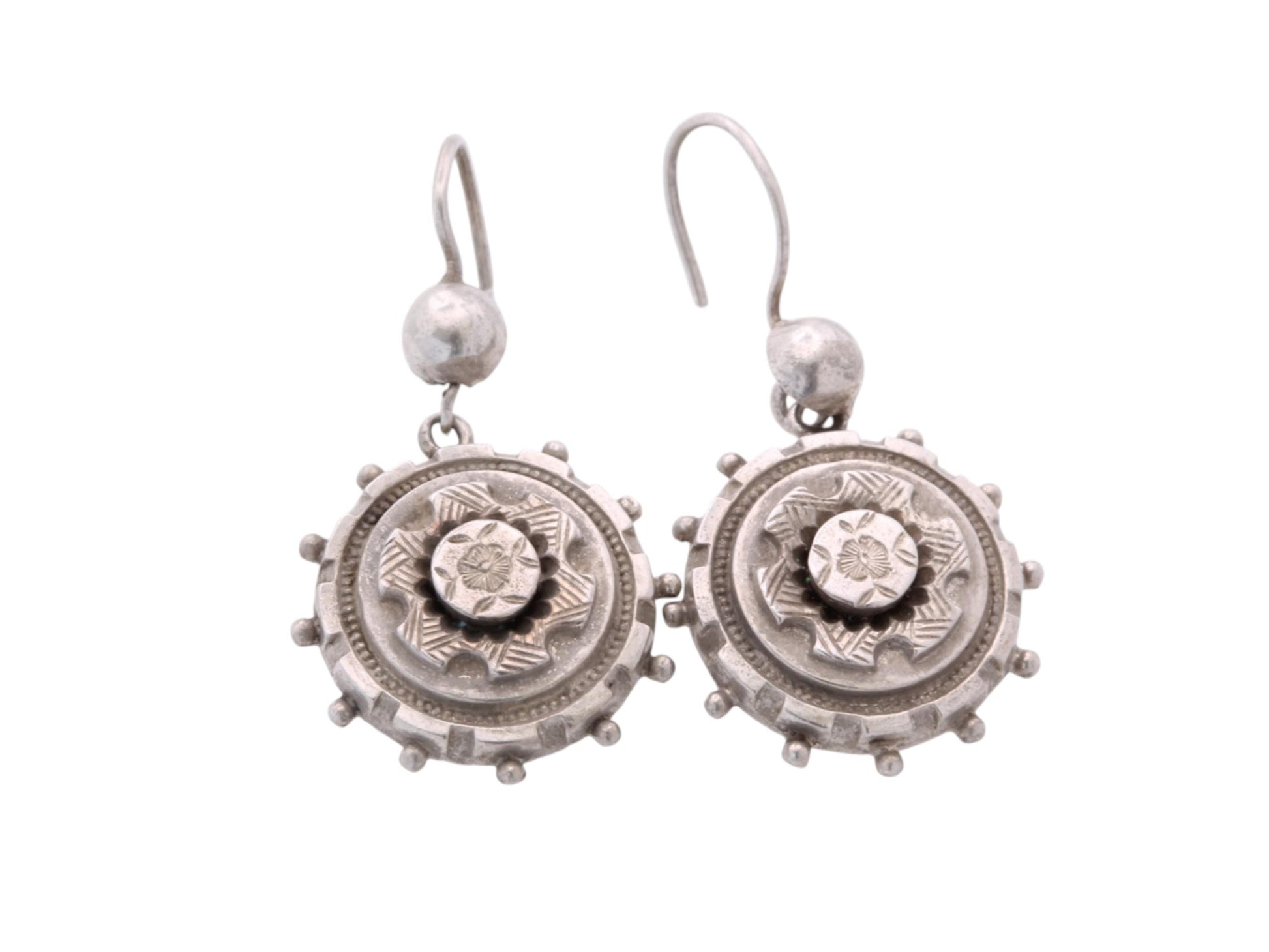 Antique-Victorian-Sterling-Silver-Drop-Earrings-|-Chased-Flower