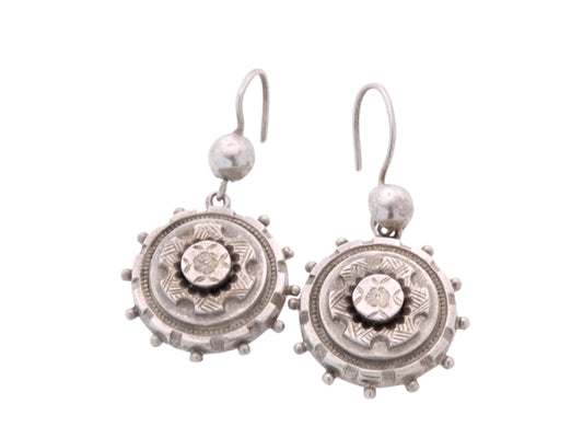 Antique Victorian Sterling Silver Drop Earrings | Chased Flower