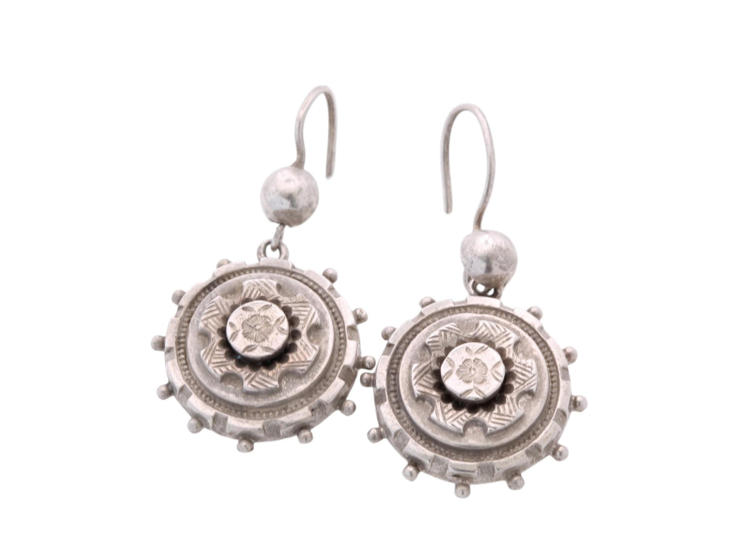 Antique Victorian Sterling Silver Drop Earrings | Chased Flower