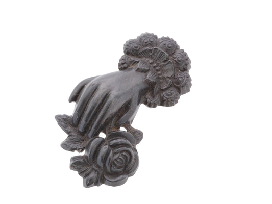 Victorian Whitby Jet Brooch | Carved Hand Holding Rose | c.1880