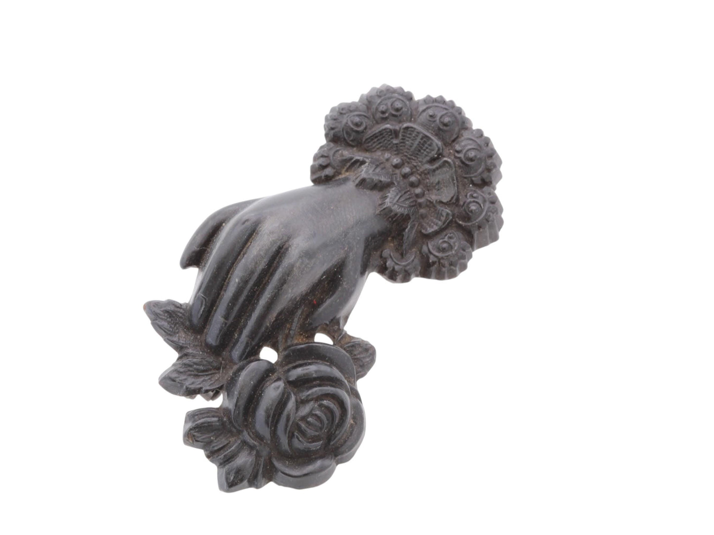 Victorian Whitby Jet Brooch | Carved Hand Holding Rose | c.1880