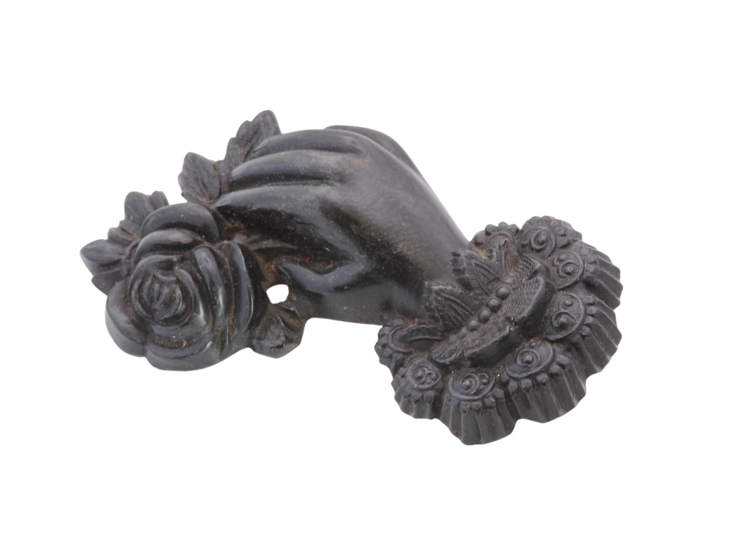 Victorian Whitby Jet Brooch | Carved Hand Holding Rose | c.1880