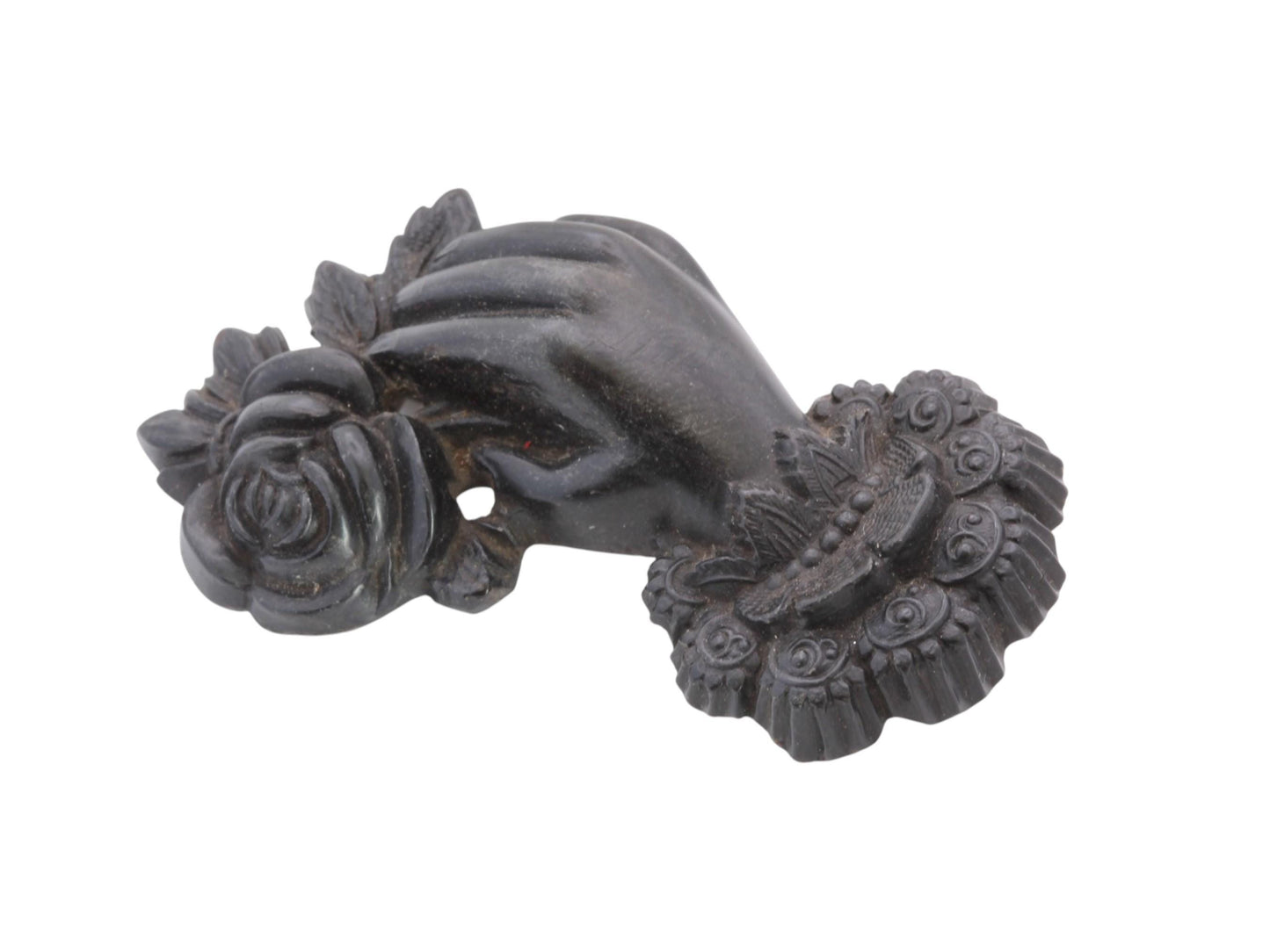 Victorian Whitby Jet Brooch | Carved Hand Holding Rose | c.1880