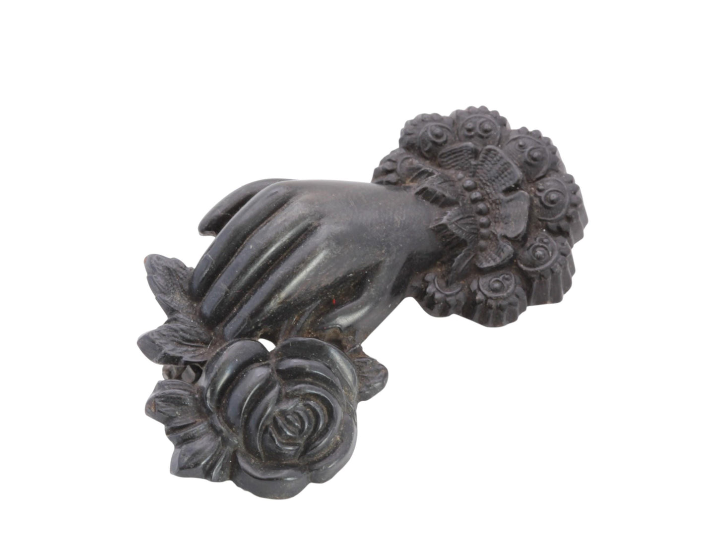 Victorian-Whitby-Jet-Brooch-|-Carved-Hand-Holding-Rose-|-c.1880