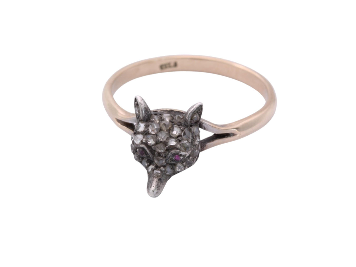 Victorian 9ct Gold Fox Head Ring | Silver Fox | Rose Cut Diamonds & Ruby Eyes