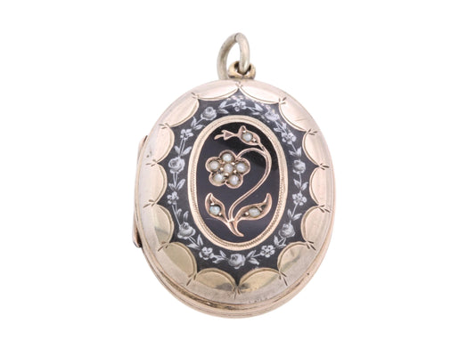 Antique Victorian 9ct Gold Locket | Black Enamel | Seed Pearl Forget-Me-Not