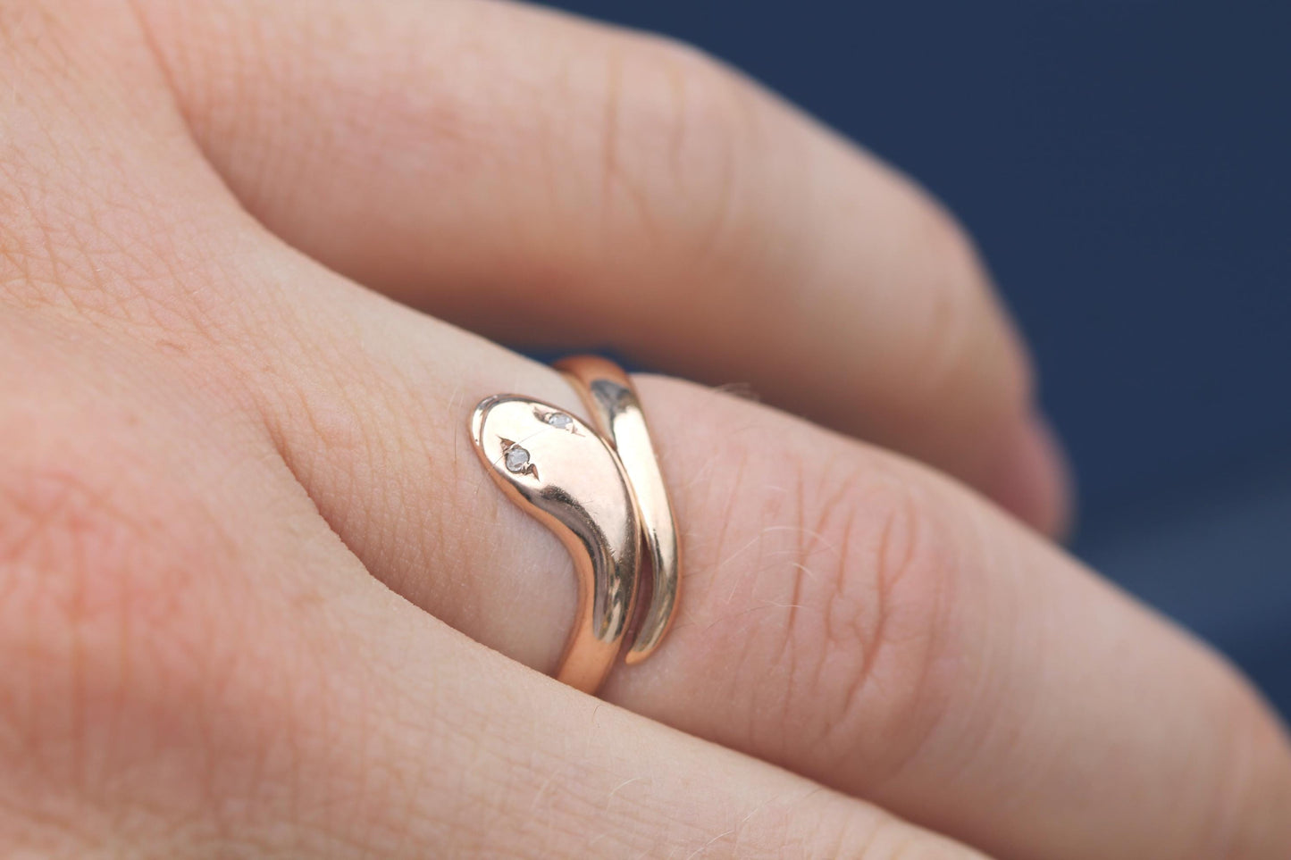 Antique 9ct Gold Snake Ring | Diamond Eyes | Coiled Serpent Ring | 1908