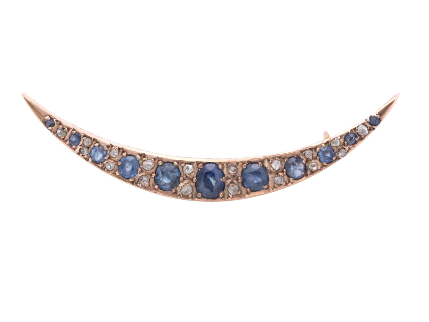 Edwardian 15ct Gold Crescent Brooch | Old Cut Sapphires & Diamonds | 1.02cts
