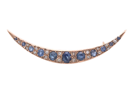 Edwardian 15ct Gold Crescent Brooch | Old Cut Sapphires & Diamonds | 1.02cts