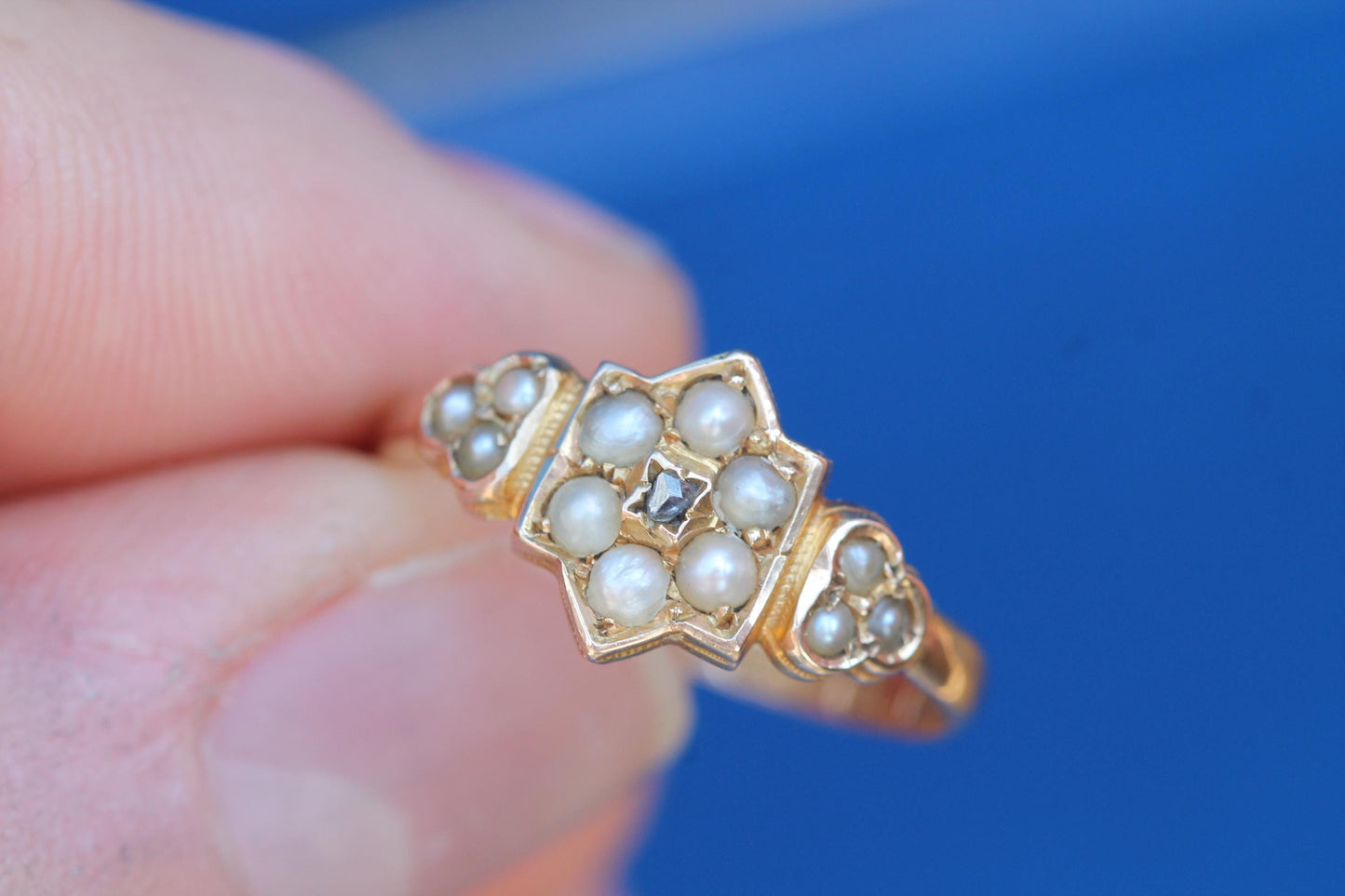 Antique 15ct Gold Pearl & Diamond Ring | Victorian Star Cluster Ring | 1876