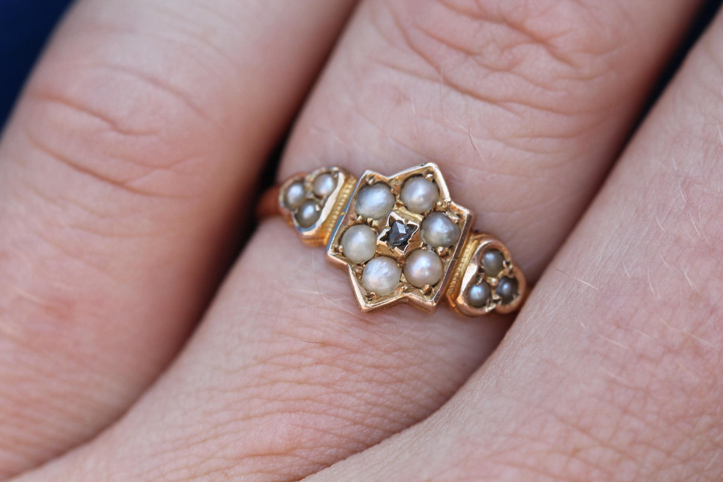 Antique 15ct Gold Pearl & Diamond Ring | Victorian Star Cluster Ring | 1876