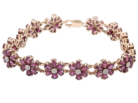 Vintage 9ct Gold Garnet Floral Bracelet | 15ct Natural Garnets | 20.1g