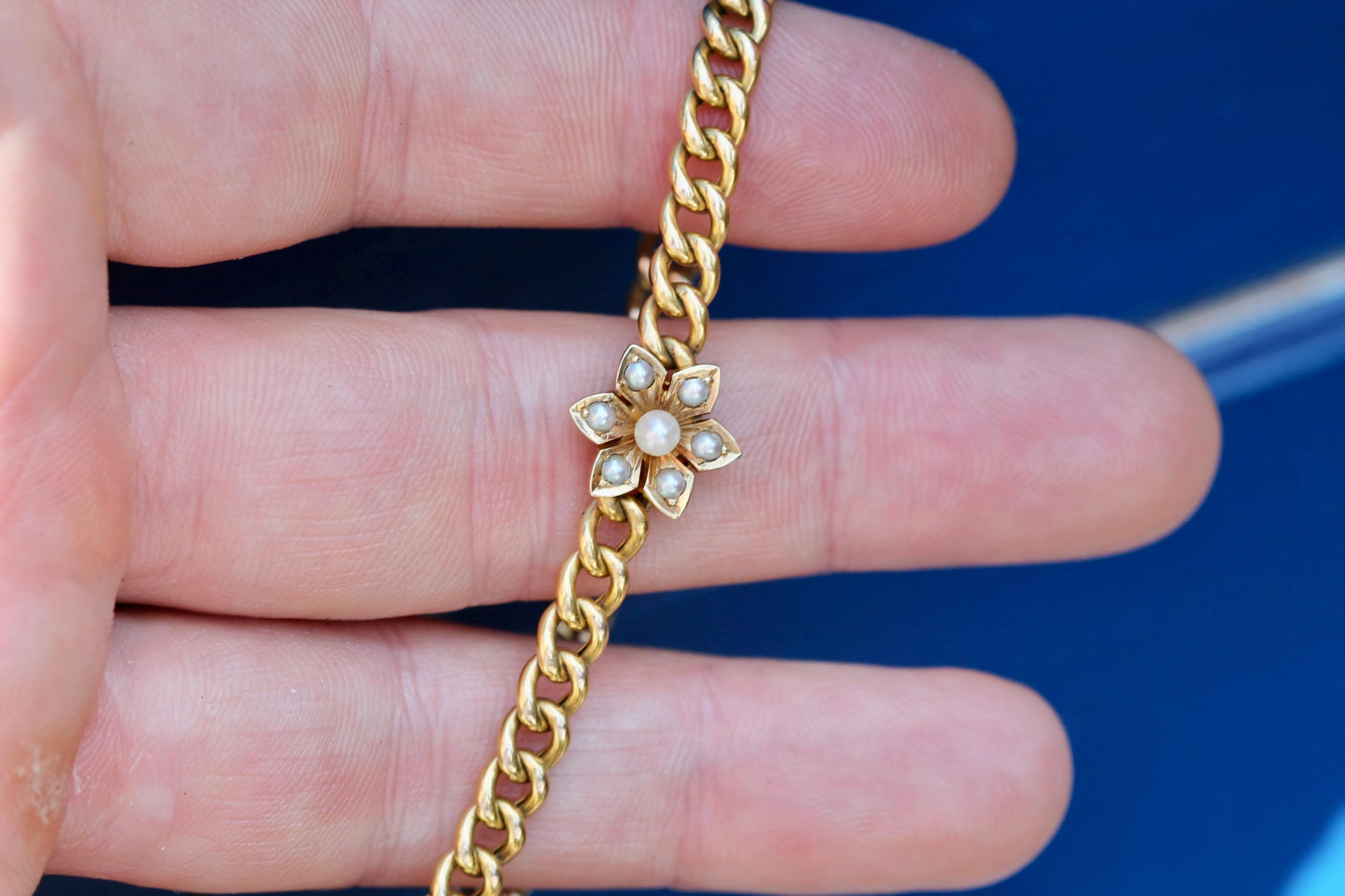 Antique Edwardian 15ct Gold Curb Link Bracelet | Pearl Flower Centrepiece | 6.75"