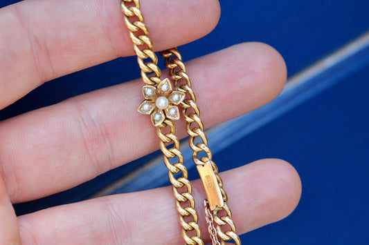 Antique Edwardian 15ct Gold Curb Link Bracelet | Pearl Flower Centrepiece | 6.75"