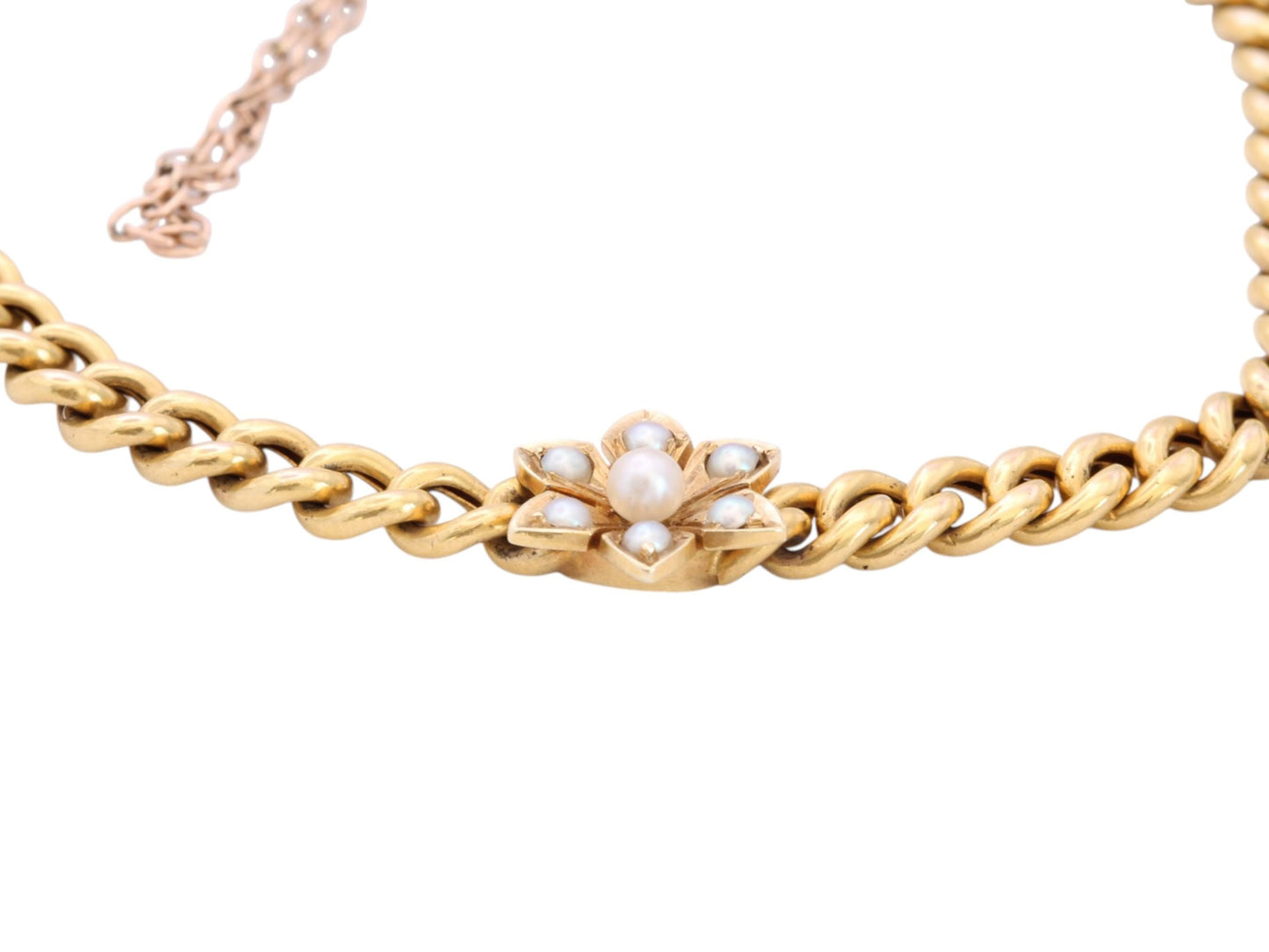 Antique Edwardian 15ct Gold Curb Link Bracelet | Pearl Flower Centrepiece | 6.75"