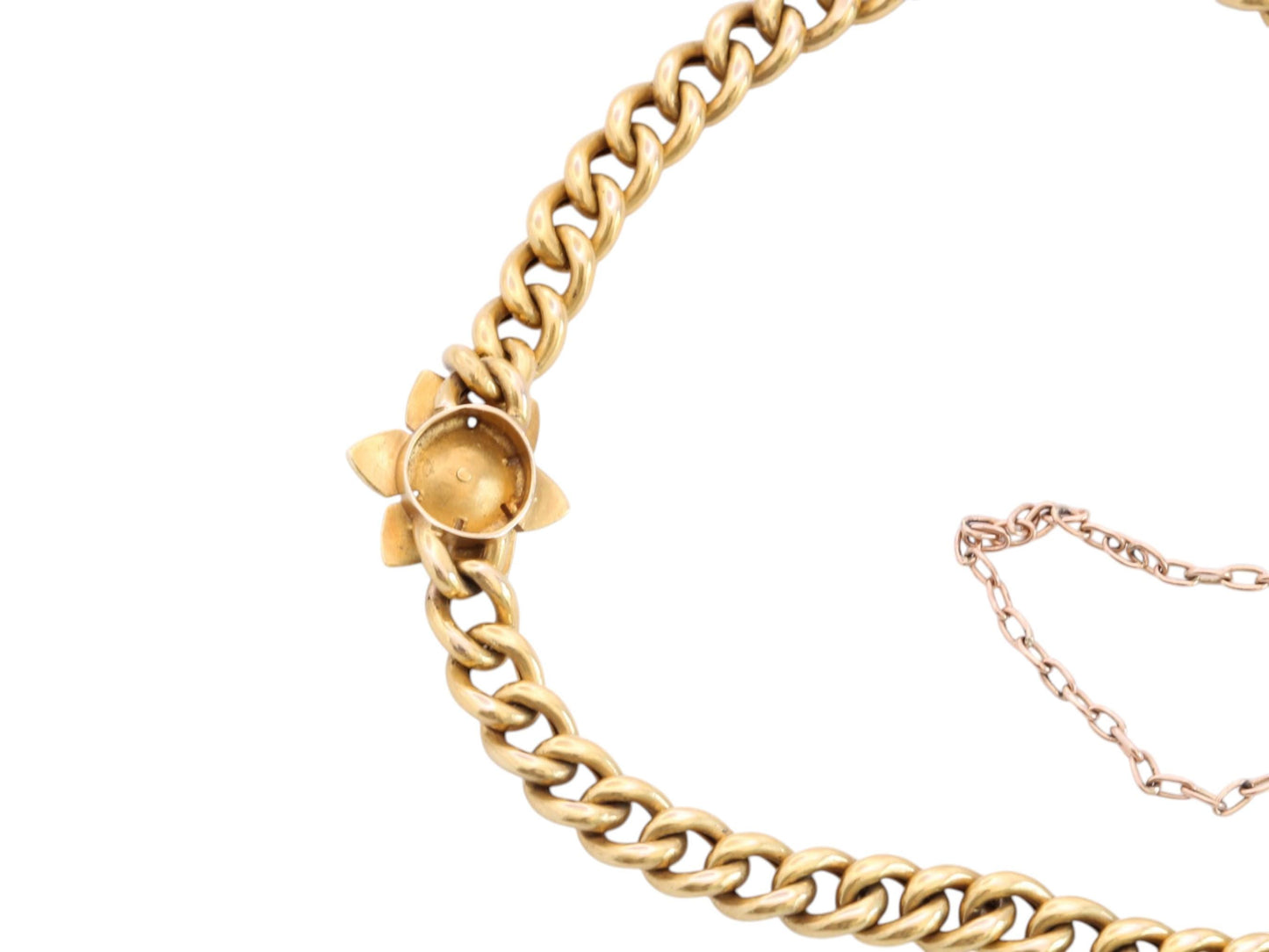 Antique Edwardian 15ct Gold Curb Link Bracelet | Pearl Flower Centrepiece | 6.75"