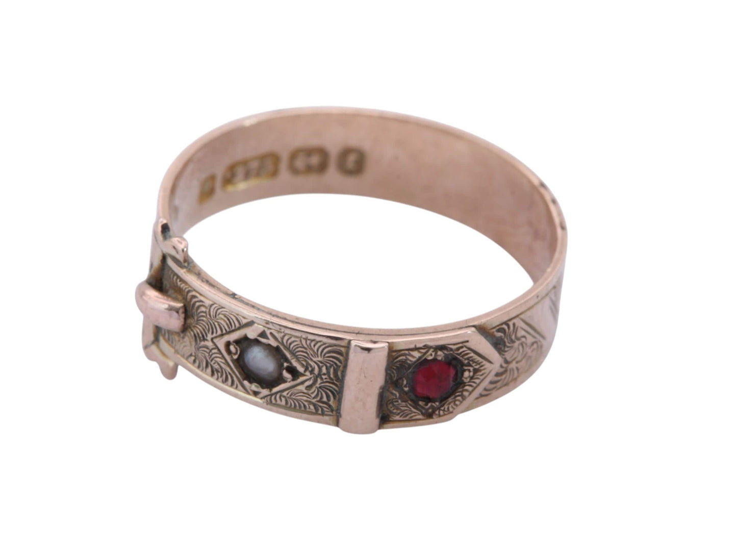 Antique 9ct Gold Buckle Ring | Victorian Garnet & Pearl Ring | Engraved Belt Buckle Band | 1877