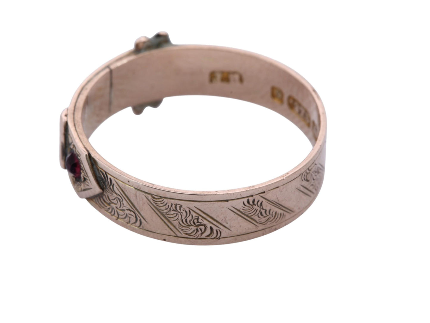 Antique 9ct Gold Buckle Ring | Victorian Garnet & Pearl Ring | Engraved Belt Buckle Band | 1877