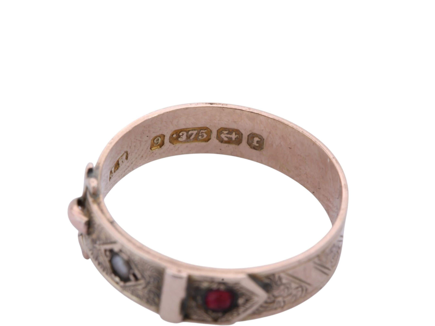 Antique 9ct Gold Buckle Ring | Victorian Garnet & Pearl Ring | Engraved Belt Buckle Band | 1877