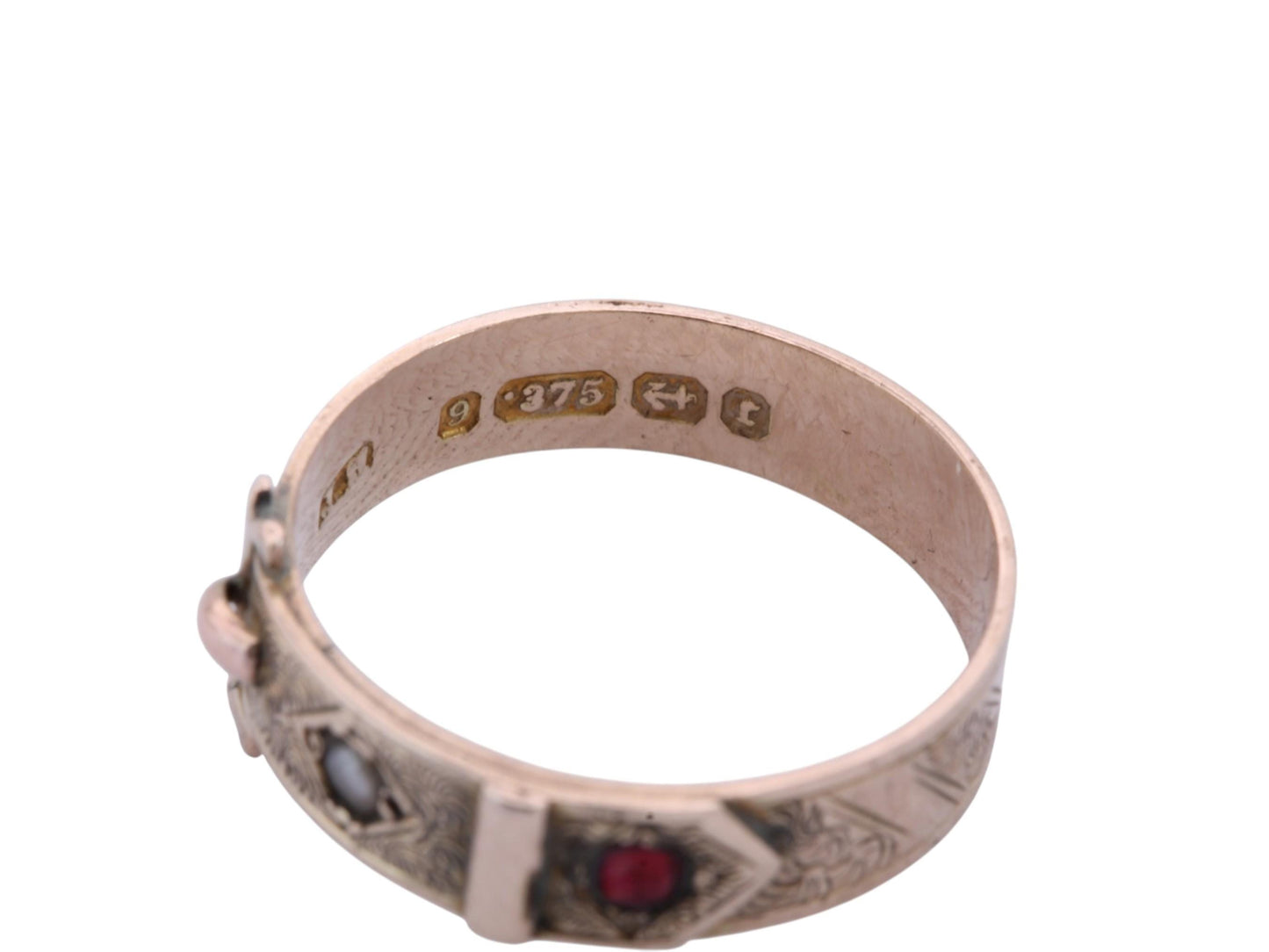 Antique 9ct Gold Buckle Ring | Victorian Garnet & Pearl Ring | Engraved Belt Buckle Band | 1877