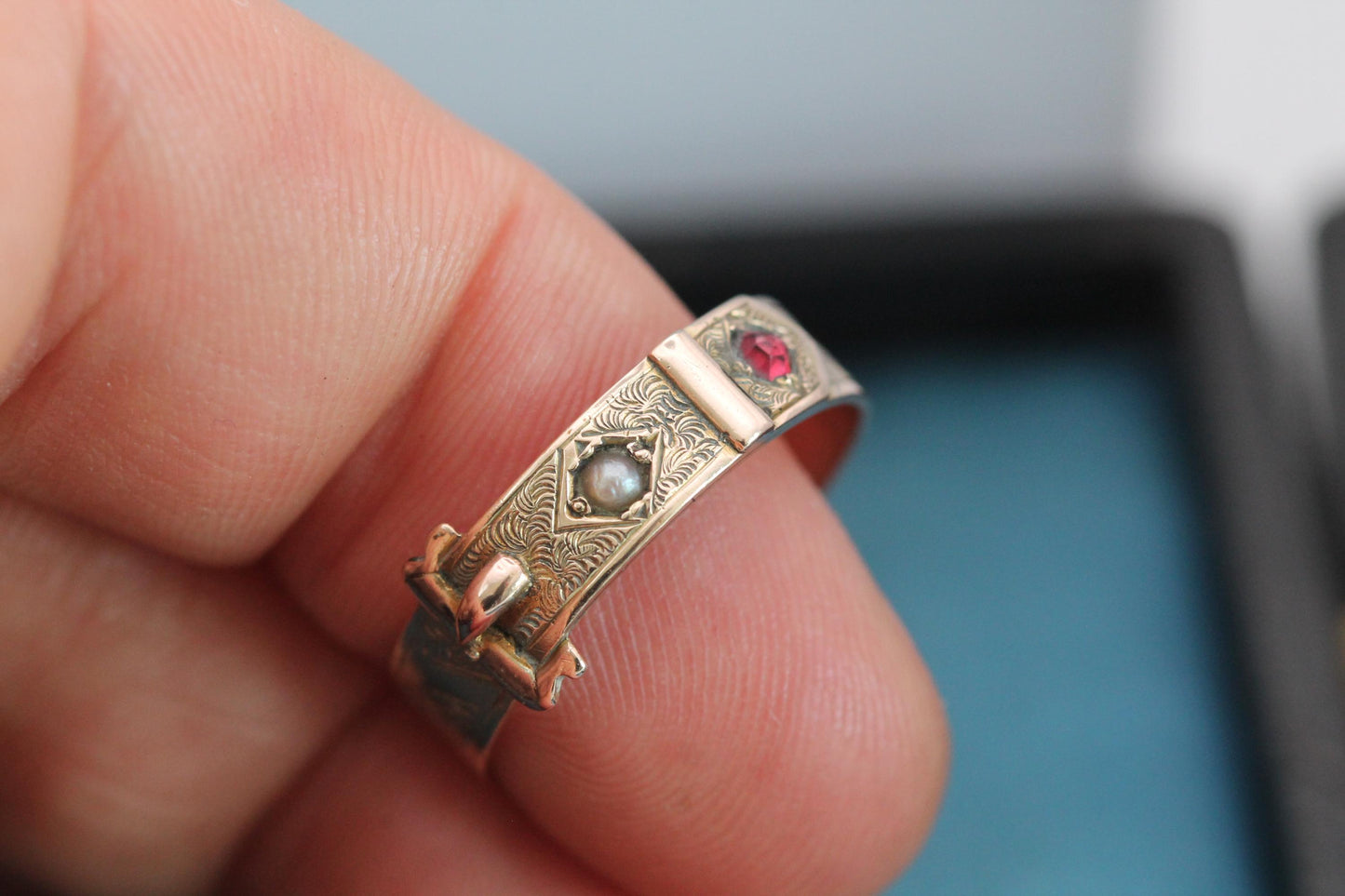Antique 9ct Gold Buckle Ring | Victorian Garnet & Pearl Ring | Engraved Belt Buckle Band | 1877
